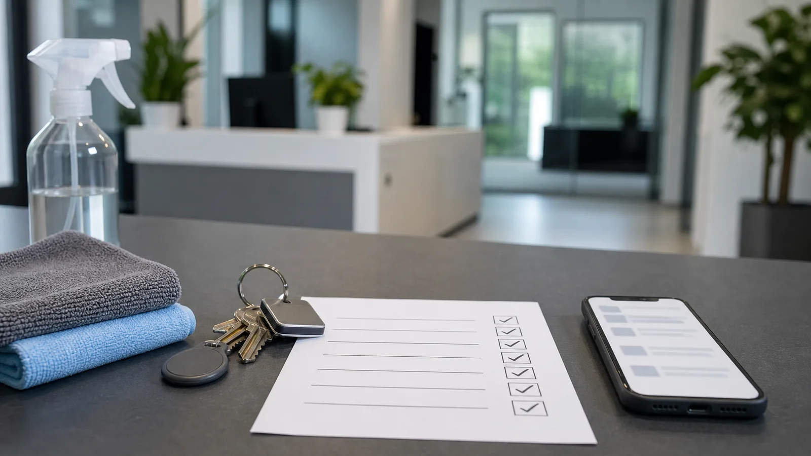Checkliste, Schlüssel und Reinigungszubehör für gewerbliche Reinigung