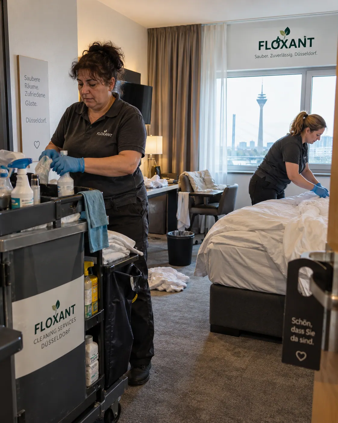 Zwei Personen mit Reinigungswagen und Bett in einem Gästezimmer – Symbolbild