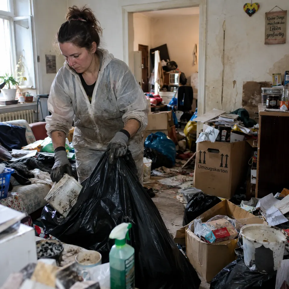 Eine Mitarbeiterin sammelt Gegenstände und Abfall in einem zu räumenden Zimmer